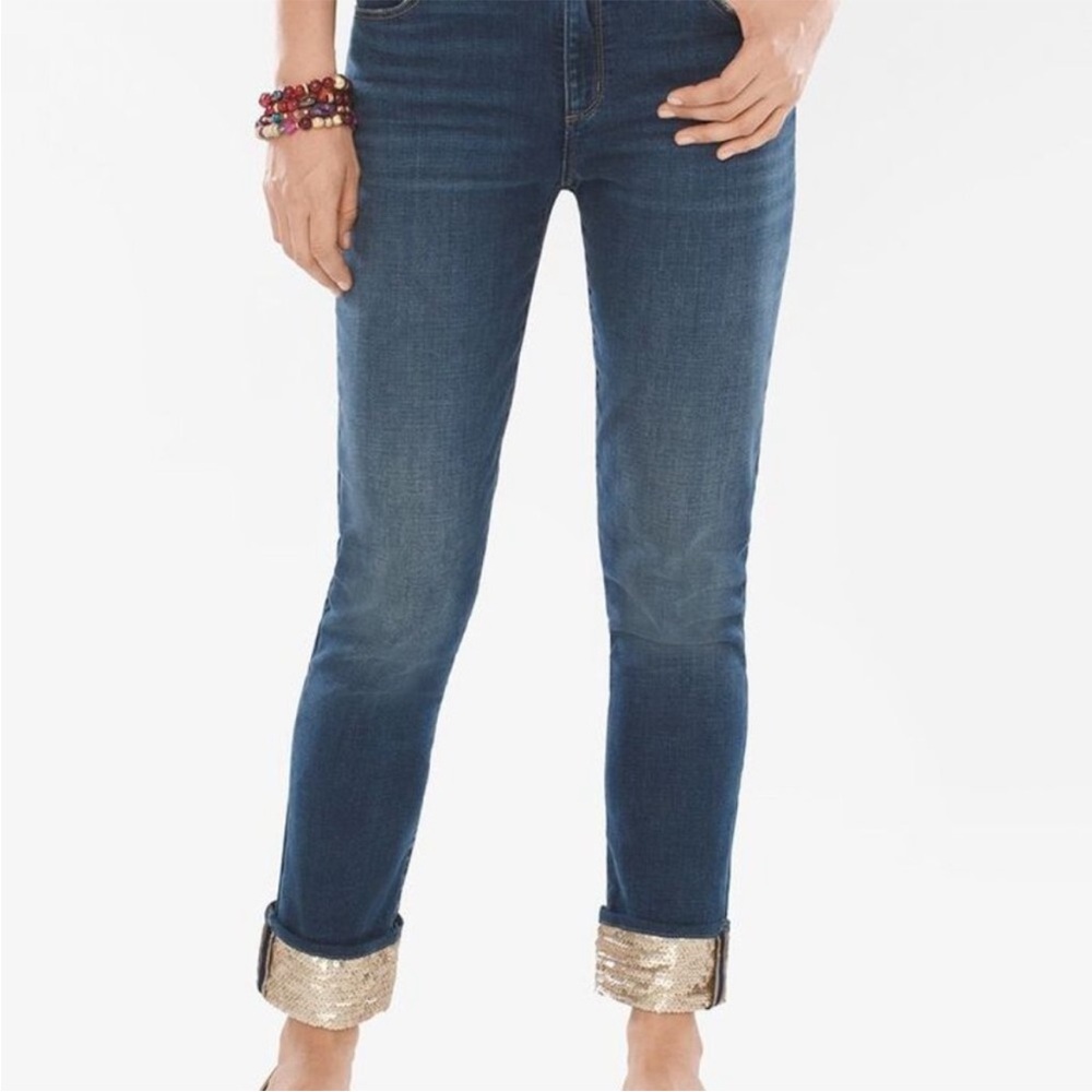 Chico's Blue Boyfriend Jeans with Gold Accents